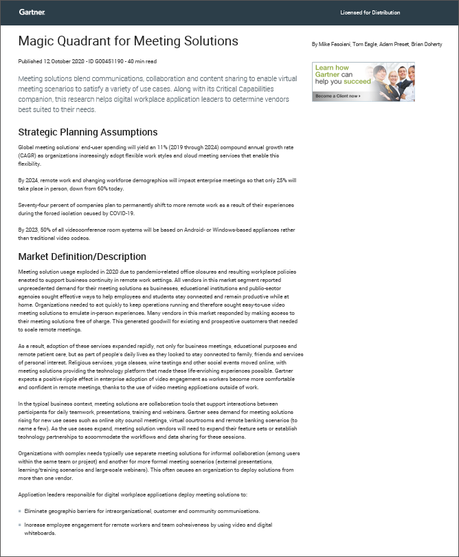 Avaya Recognized in 2020 Gartner Magic Quadrant for Meeting Solutions